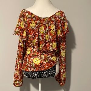 FREE PEOPLE Womens Red Printed Long Sleeve Boat Neck Body Suit Top Size: S